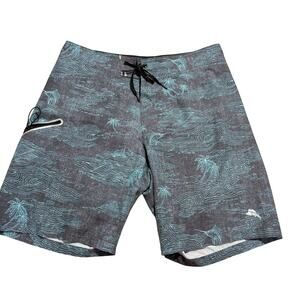 Tommy Bahama Island Active Board Shorts Size 35 Gray Blue Palm Marlin Surf Swim